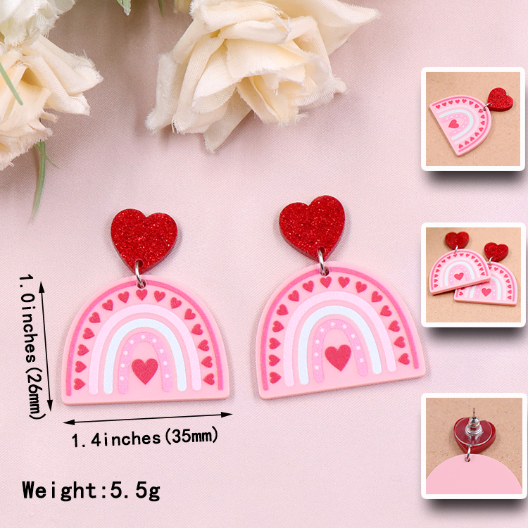 Valentine Gift Rainbow Heart Earrings For Women Laser Cut Glitter Pink Acrylic Earrings Jewelry