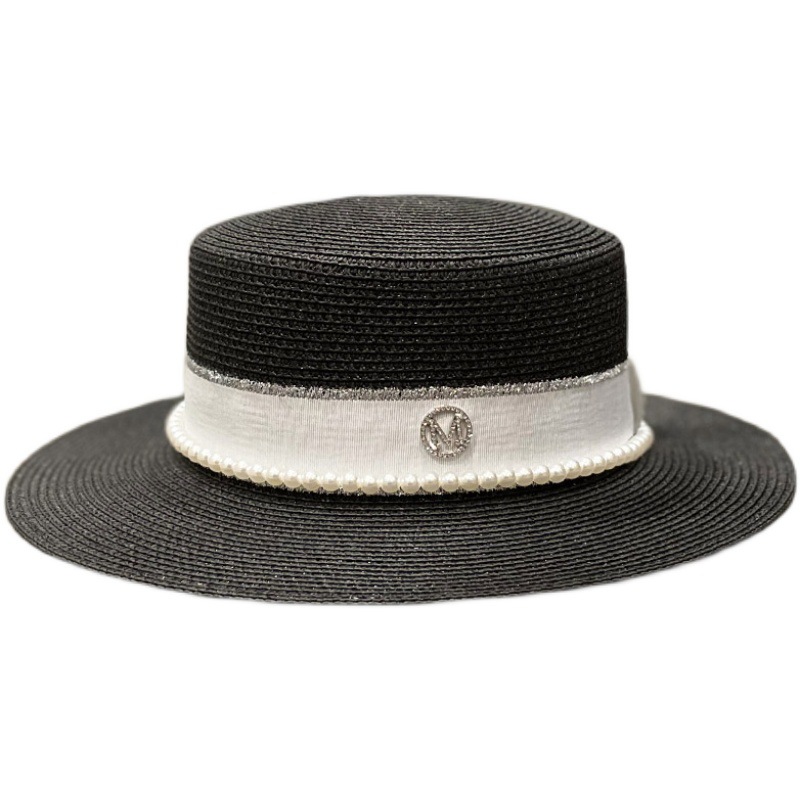 High Quality Summer Elegant Retro Women Flat Top Straw Hat Leisure Wide Brim Sun Hats M Letter Pearl Breathable Travel Beach Cap