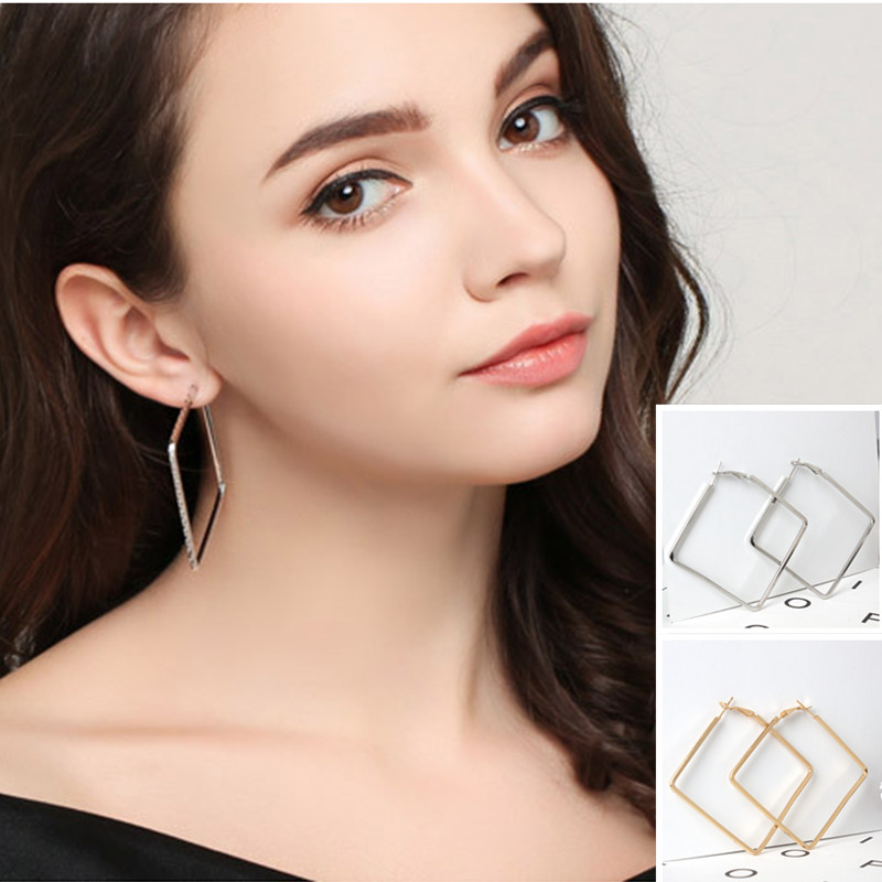 European Hyperbole Big Square Circle Hoop Earrings for Women Jewelry Geometric Rhombus Ear Jewelry Brincos S Bijouterie