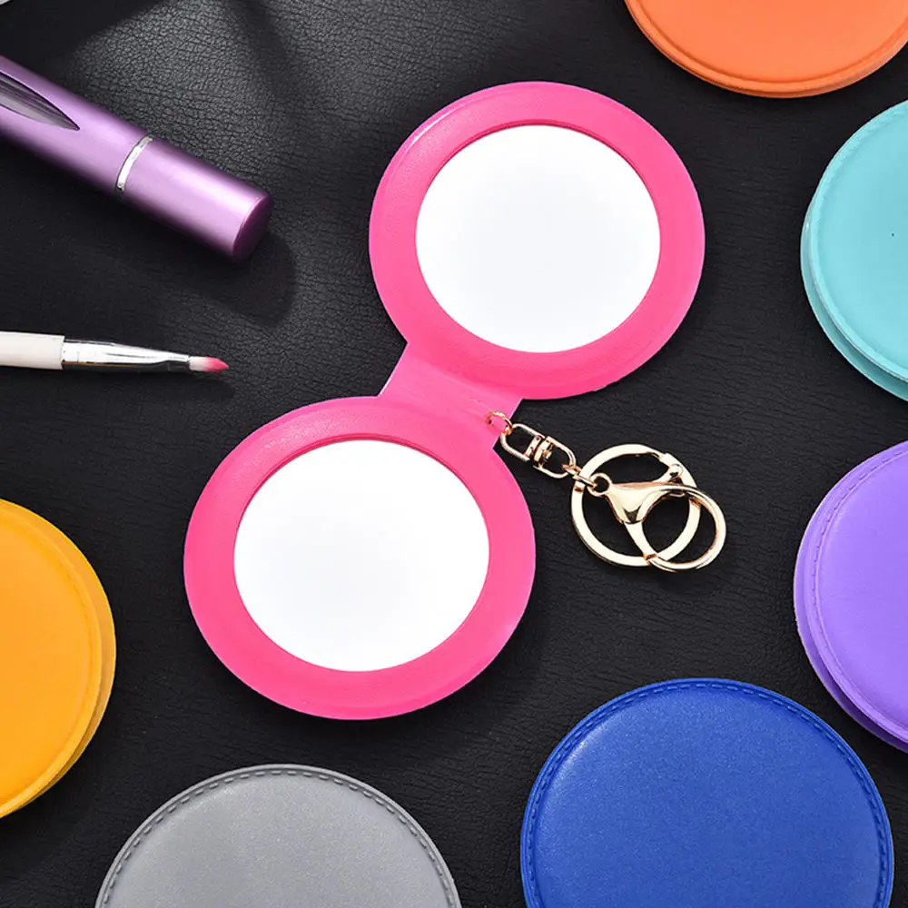 Makeup Mirror Pu Small Round Keychain Double-Sided Folding Mirror Furry Ball Mirror Pendant Gifts Travel Accessories