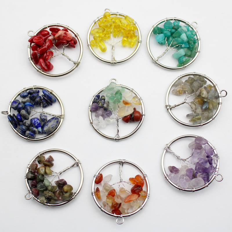 Wholesale Natural Stone Amethyst Lapis Lazuli 30mm Tree of Life Pendant 7 Chakra Reiki Pendant For Jewelry Making 10pcs Mix
