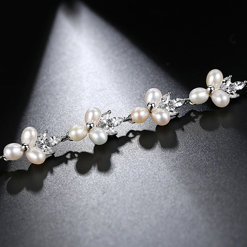 LUOTEEMI Elegant CZ Freshwater Pearl Bracelet Luxury Cubic Zirconia Women Flower Bridal Wedding Engagement Bracelets Jewellery