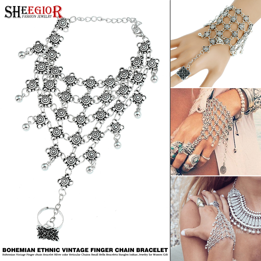 Bohemian Vintage Finger chain Bracelet Silver color Reticular Chains Small Bells Bracelets Bangles Indian Jewelry for Women Gift