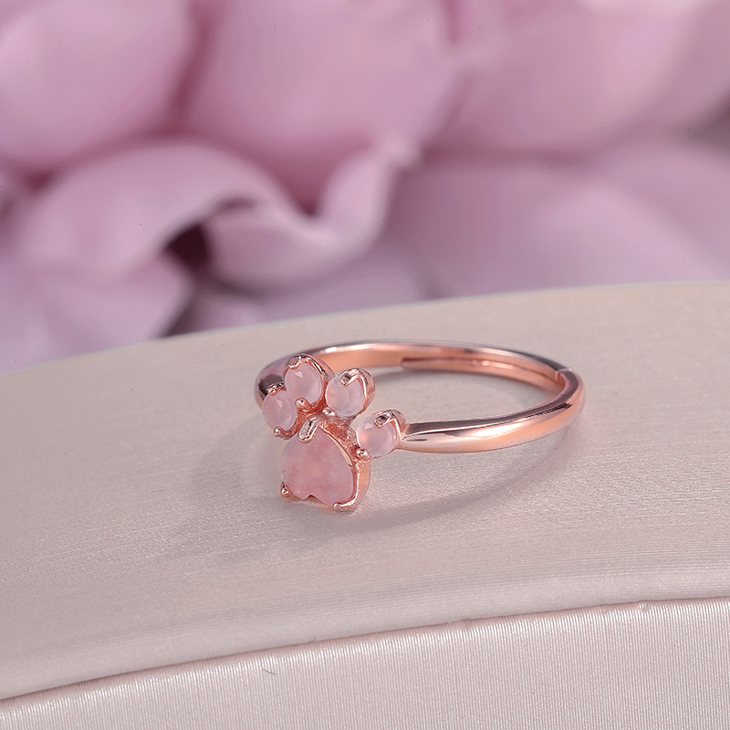 Fine Jewelry 925 Silver Sterling Rings For Women Rose Quartz Natural Bear's Paw Foot Gemstone Print Pink Lovely Ring CCRI027