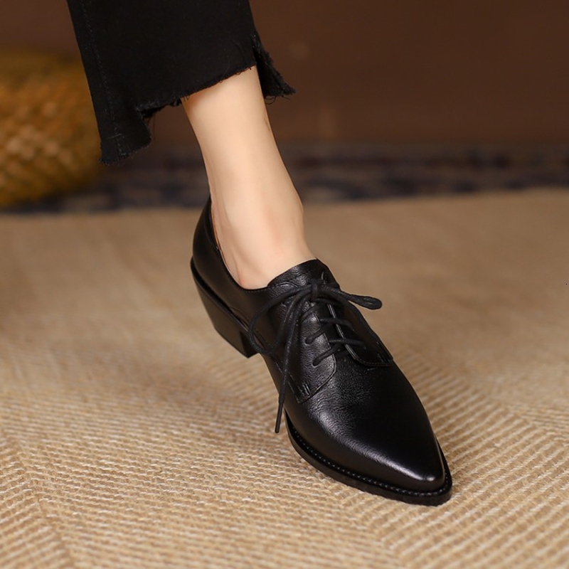 NEW Spring/Autumn Pumps Genuine Leather For Women Pointed Toe Chunky Heel Casual Black Lace-Up Handmade Shoes