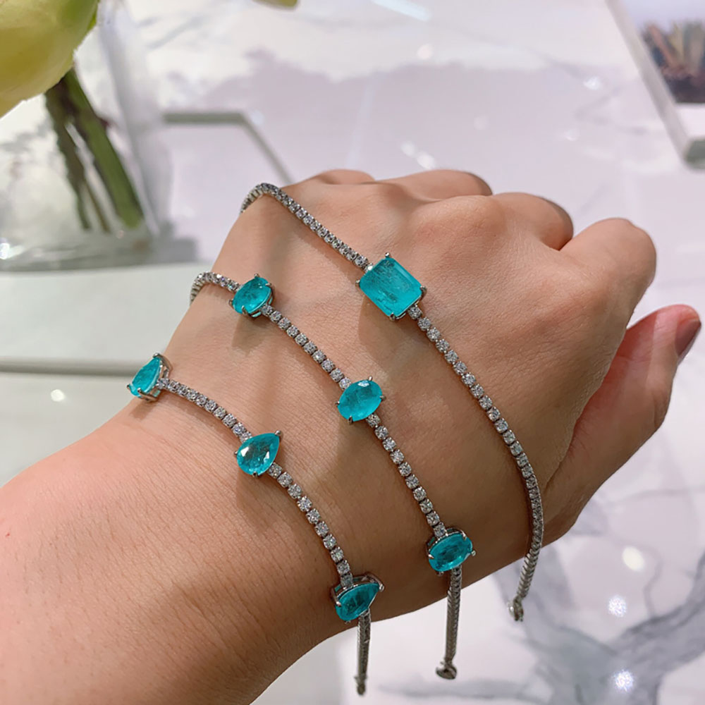 KNRIQUEN Paraiba Tourmaline Emerald Gemstone Tennis Chain Women's Strand Bracelet Charming Party Fine Jewelry Retro Accessories