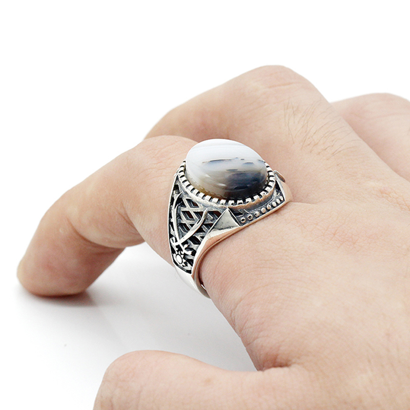 Islamic Ring for Men 925 Sterling Silver Ottoman Swords Natural Agate Stone Male Rings Turkish Muslim Religious Jewelry Gift