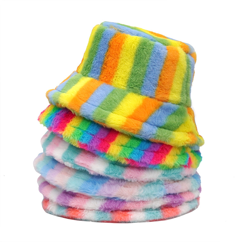 Autumn Winter Faux Fur Rainbow Striped Womens Bucket Hats Thick Warm Lady Fluffy Panama Hats Outdoor Velvet Fisherman Hats