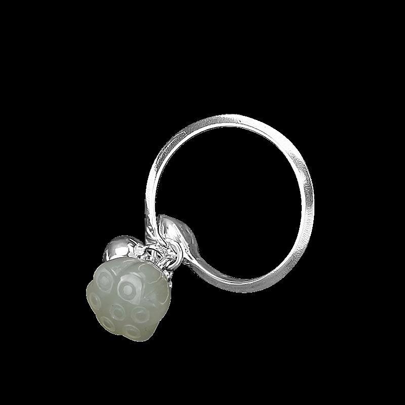S925 Sterling Silver Jade Bell Ring Female Artistic Simple and Fresh Hotian Jade Pendant Silver Ring with Opening
