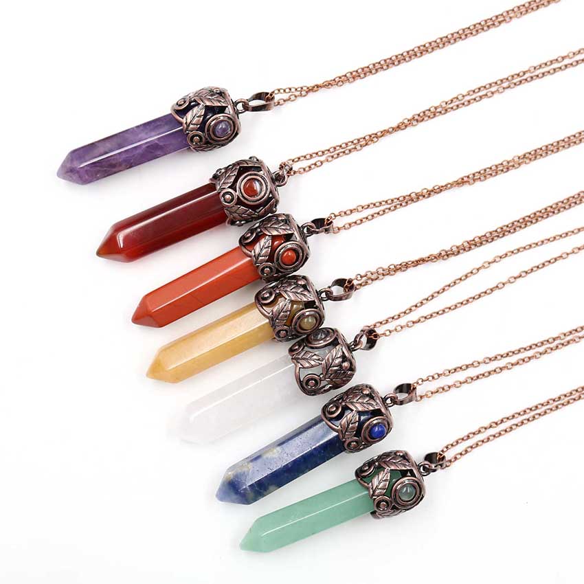 Natural Chakra Stone Pendant Hexagonal Prism Rose Quartz Amethyst Crystal Agate Healing Pendulum Stone Pendant Chain Necklace