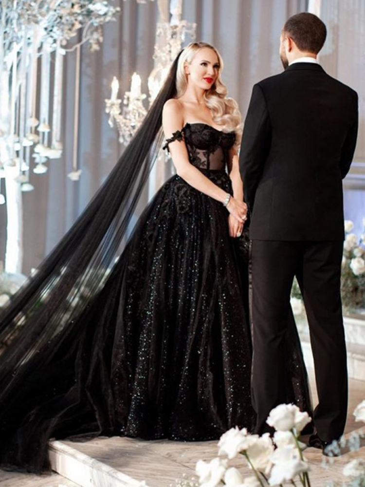 LORIE Black Wedding Dresses Glitter Bride Gown with Off Shoulder Ball Gown Sweetheart Lace Wedding Gown Plus Size