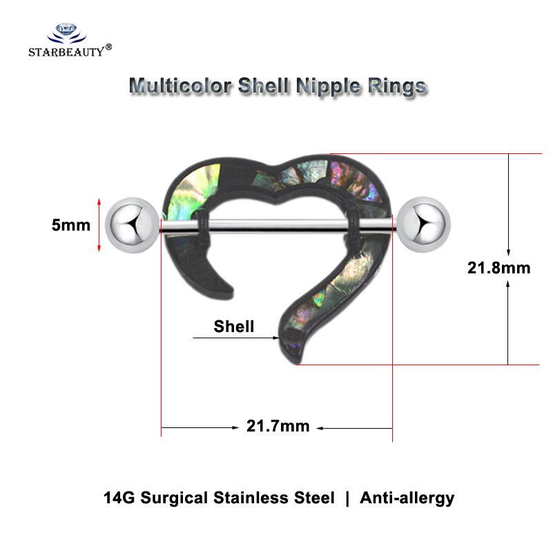 Starbeauty 2pcs/lot New Open Heart Shell Nipple Ring Barbell Surgical Steel 14G Nipple Piercing Jewelry Helix Earrings for Women