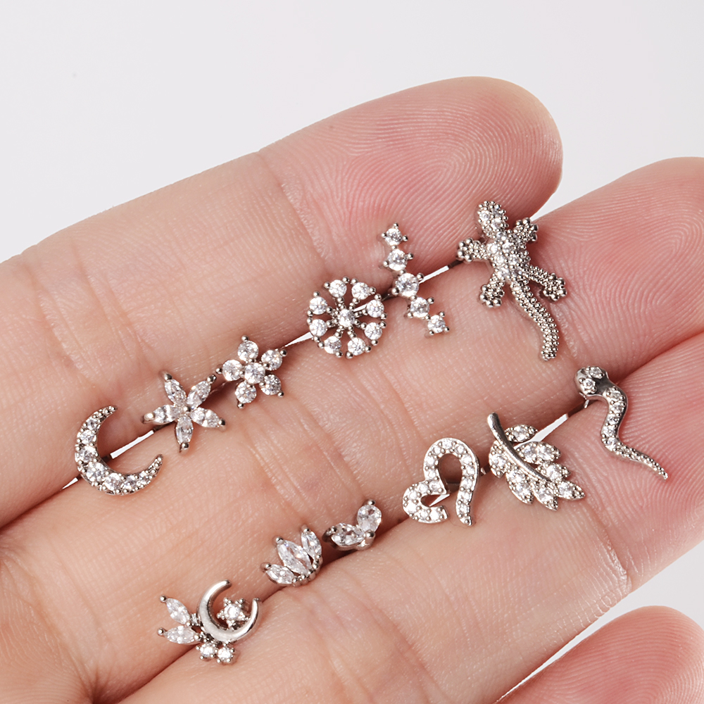 1Pc Leaf Heart Lip Labret Stud Piercing Flat CZ Gem Flower Ear Tragus Cartilage Helix Stud Conch Lobe Earring Body Jewelry
