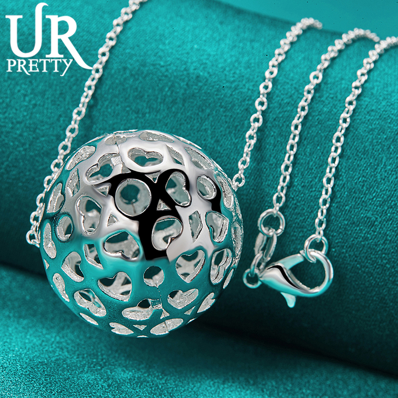 URPRETTY 925 Sterling Silver Hollow Exquisite Ball Pendant Necklace 16/18/20/22/24/26/28/30 Inch Snake Chain For Woman Jewelry