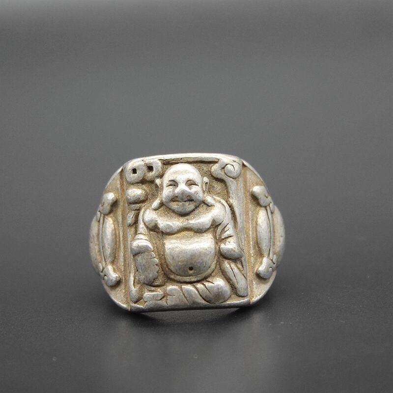 1.2" Chinese Tibetan Silver Carved Maitreya Buddha Jewelry Ring