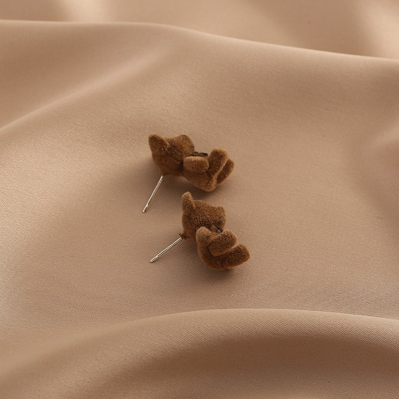 3D Flocking Bears Stud Earrings Necklaces Set Brown Khaki Bear Pendant Necklace Women Girls Ear Studs Earring Jewelry Gifts