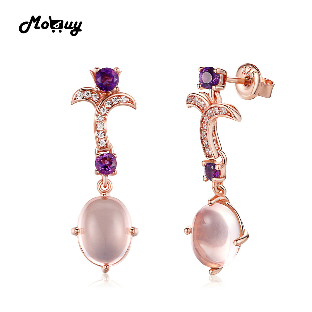 MoBuy MBEI010 Oval Natrual Gemstone Rose Quartz Drop Earrings 925 Sterling Silver Gold Plated Amethyst Fine Jewelry For Women