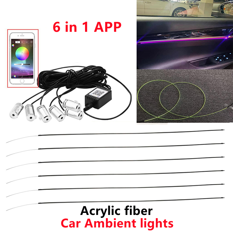 6 in 1 RGB LED Atmosphere Car Light Interior Ambient Light 6M Acrylic Optical fiber Strips by App Control DIY Music Universal
