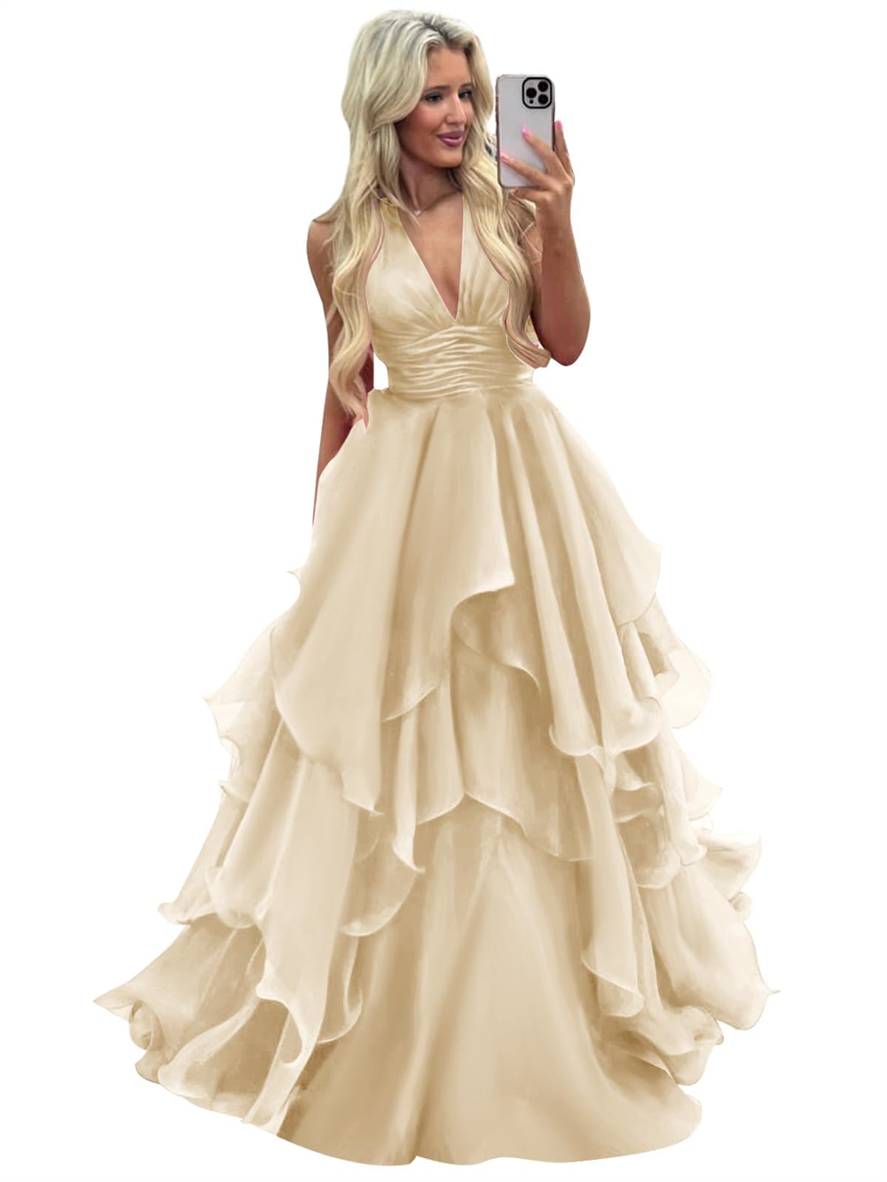 Long Prom Dresses Deep V-Neck Pleats Ball Gown Organza Plus Size Formal Occasion Evening Party Gown Pd20