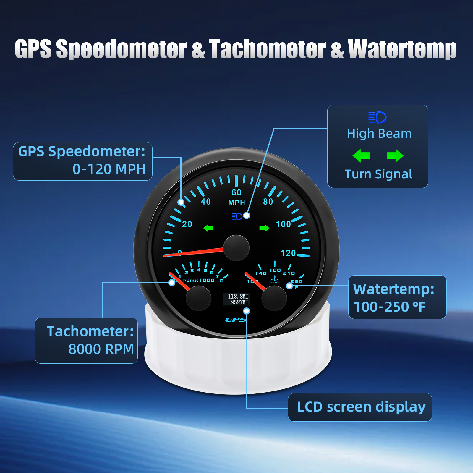 12v 24v Universal 7-color Backlight Waterproof 3In1 Car Gauge MPH Speedometer + PRM Tachometer + °F Water Temperature Gauge