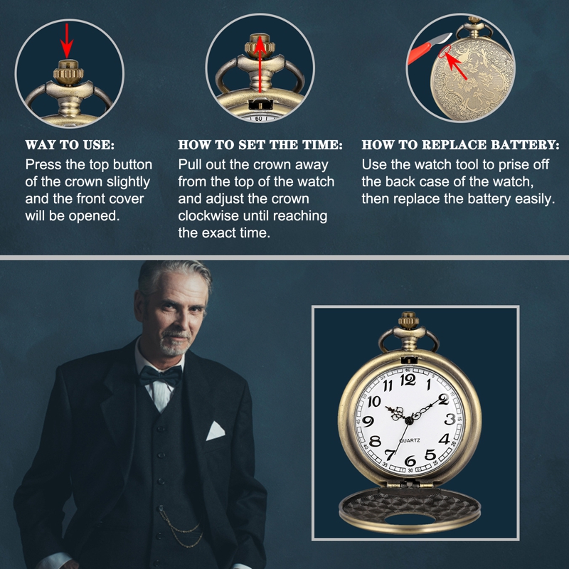 Retro Bronze Engraved Roman Numeral Case Quartz Pocket Watch Necklace Chain FOB Clock Gifts for Men Women Watch with Accessory