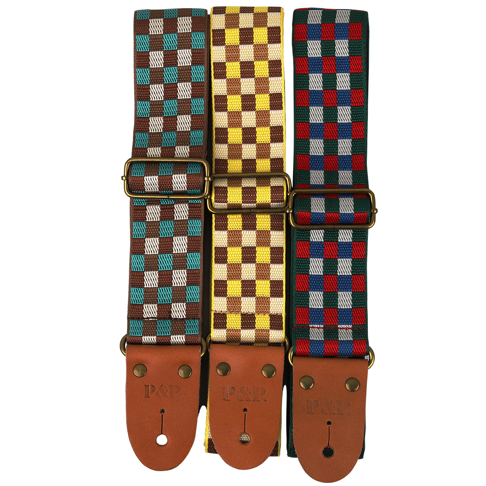 P&P Tartan Plaid Guitar Belt Strap Genuine Leather End for Acoustic Electric Folk Guitar Bass Strap