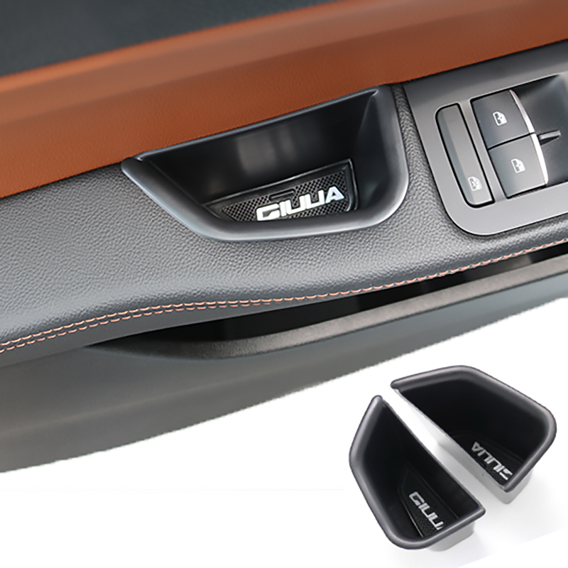 Car black front door side storage box with anti-skid pad handle and armrest box for 17-22 Alfa Romeo Giulia modified accessories