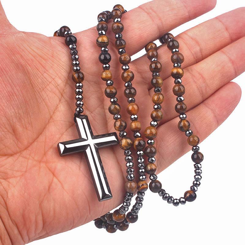 Religious Cross Pendant Necklace Men Hematite Beads Necklace Black Flash Beads Necklace Women Chart Long Chain Necklace QJ-01