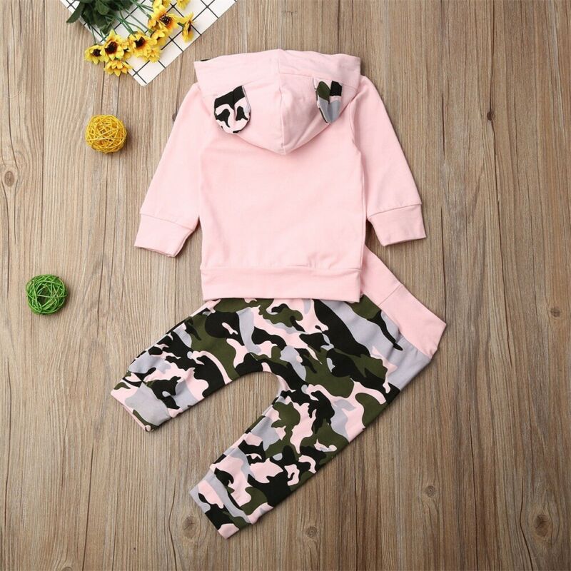 0-24months Newborn Baby Girl Clothes Set Animal Ear Pink Hoodies Sweatshirt Tops Girls Camouflage Pant Sports Outfit Newborn Set