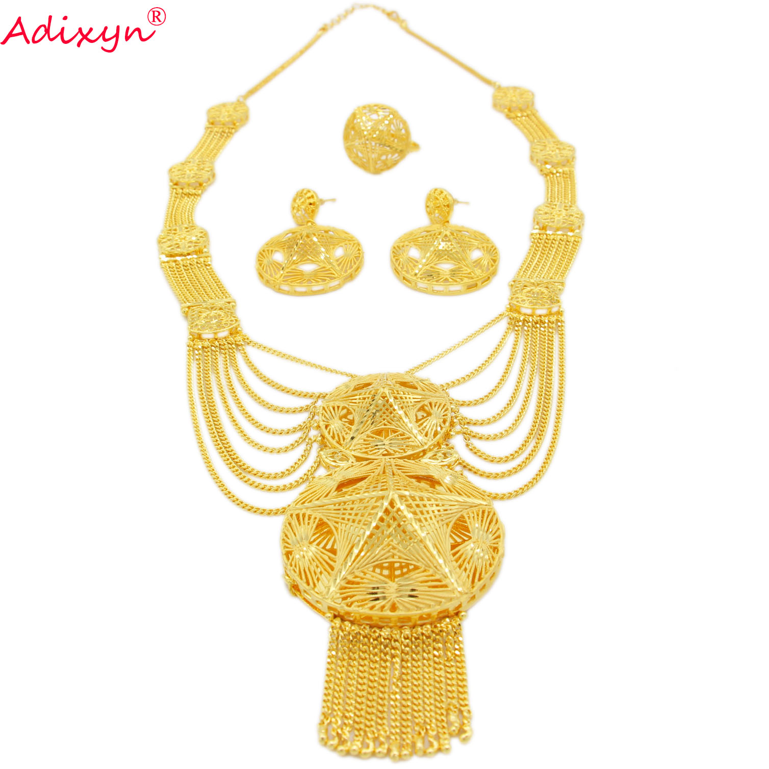 Adixyn Dubai Collares Necklace/Earrings/Ring Jewelry Set for Women 24K Gold Color African Arab Bridal Wedding Gifts N122718