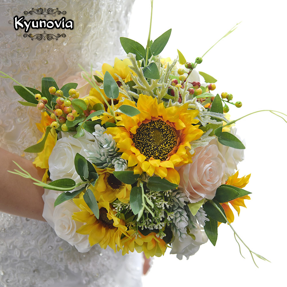 Kyunovia Beautiful Bride Bouquet Sunflower and Rose Wedding Flowers Bridal Bouquets Wedding Bouquet for Bridesmaids BY64