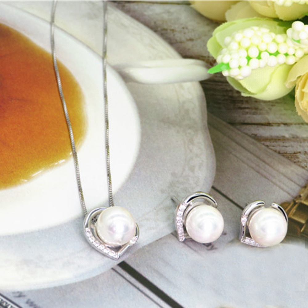 Pure 925 Sterling Silver Necklace+Earrings Set With 7mm Natural Freshwater Pearl Elegant Eternal Jewelry for Wedding