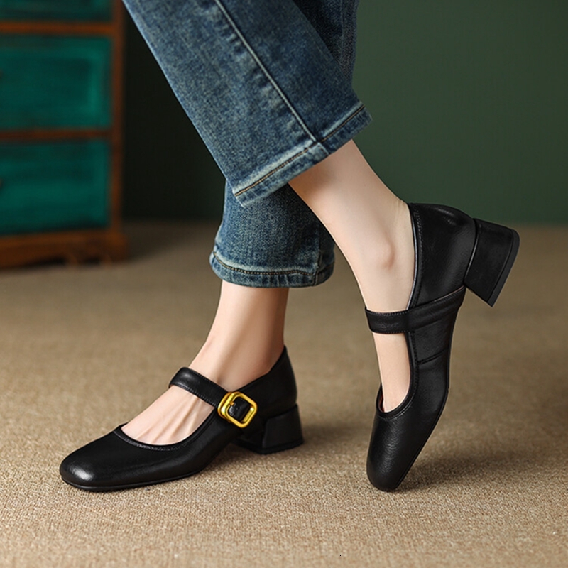 NEW Spring Pumps Split Leather For Women Round Toe Chunky Classical Low Heel Mary Janes Belt Buckle Shoes