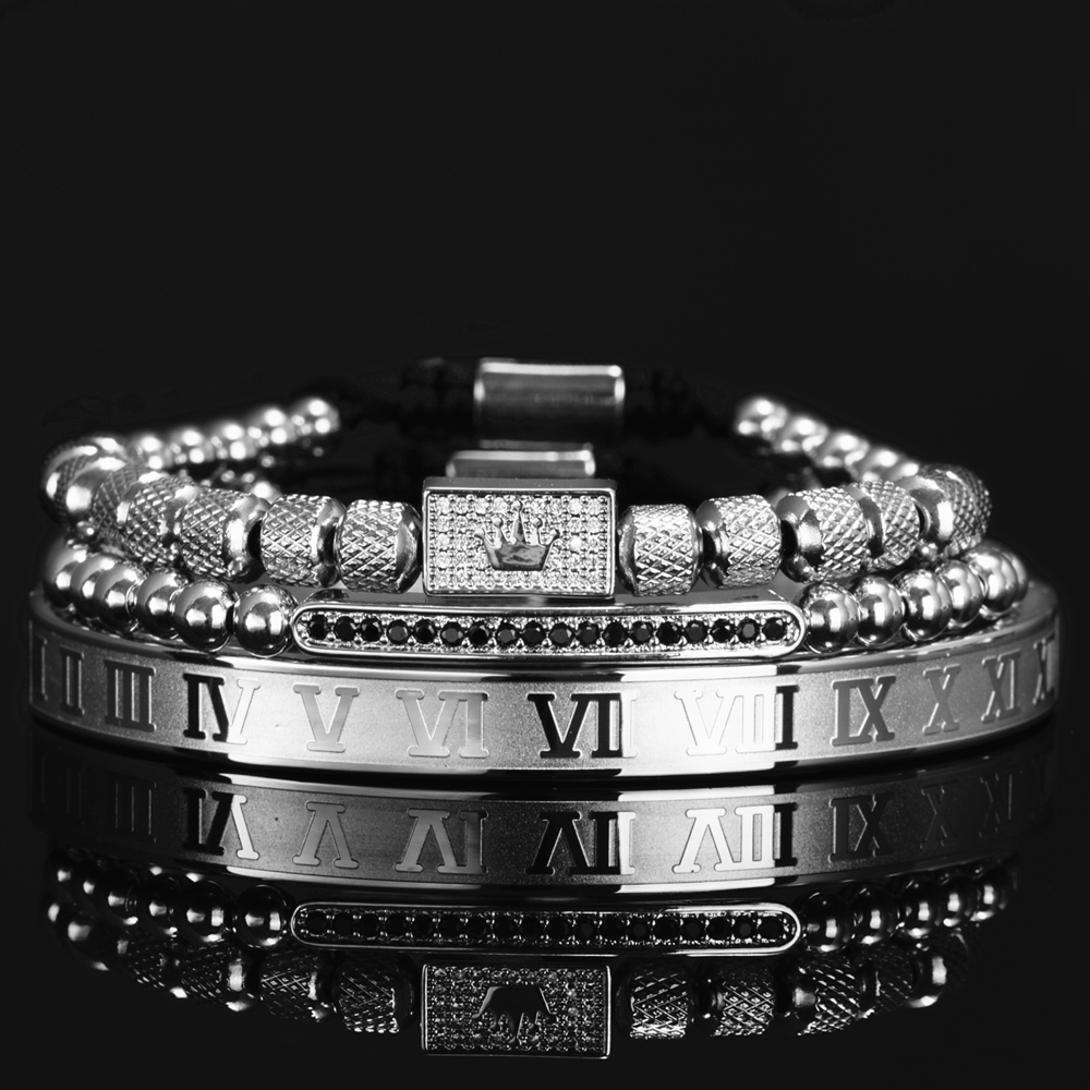 3pcs/Set Luxury Royal King Crown Men Bracelets Roman Numeral Bracelet Unique Design Braided Adjustable Bangle Pulseira