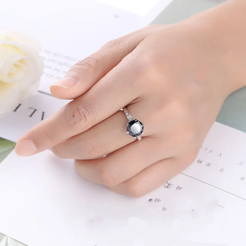 New 925 silver Vintage Solitaire Round Natural Black Stone Ring for Women Fine Jewelry Anniversary Gifts Wholesale