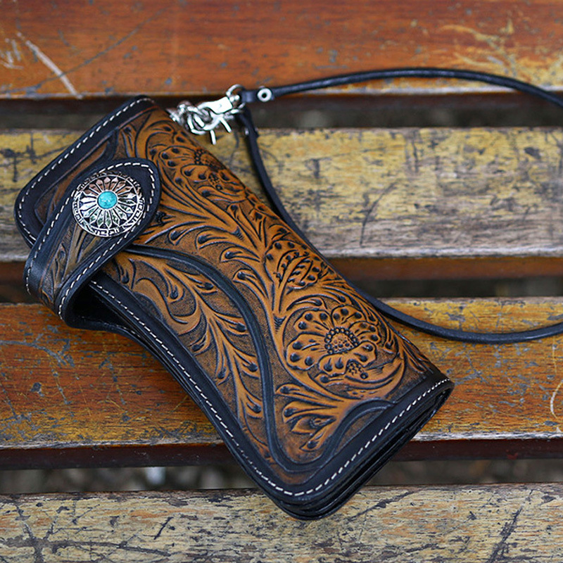 Women Men Wallets Carving Floral Bag Purses Clutch Vegetable Tanned Leather Turquoise Hasp New Year Gift