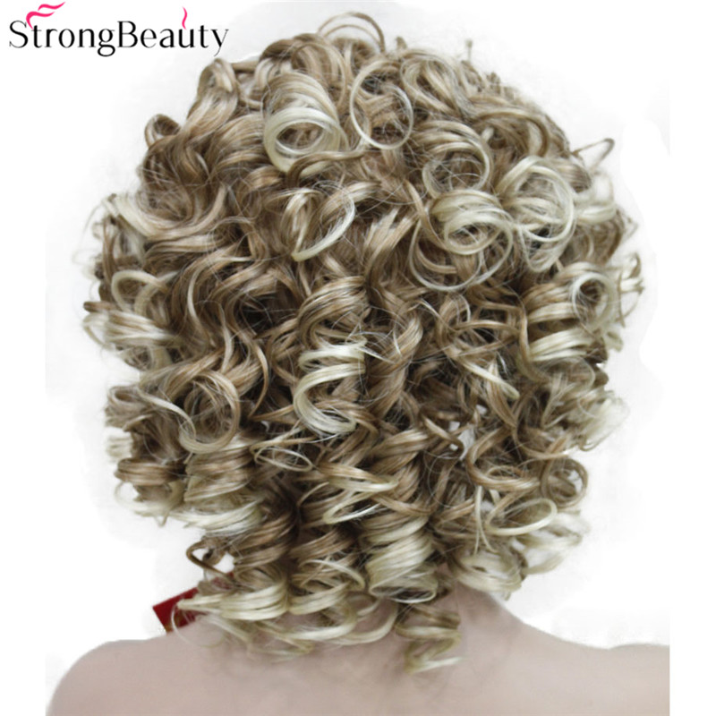 StrongBeauty Short Curly Synthetic Wigs with Headband Women Blue/Gray/Black/Red/Blonde/Brown Wigs 3/4 Half Wig for Lady