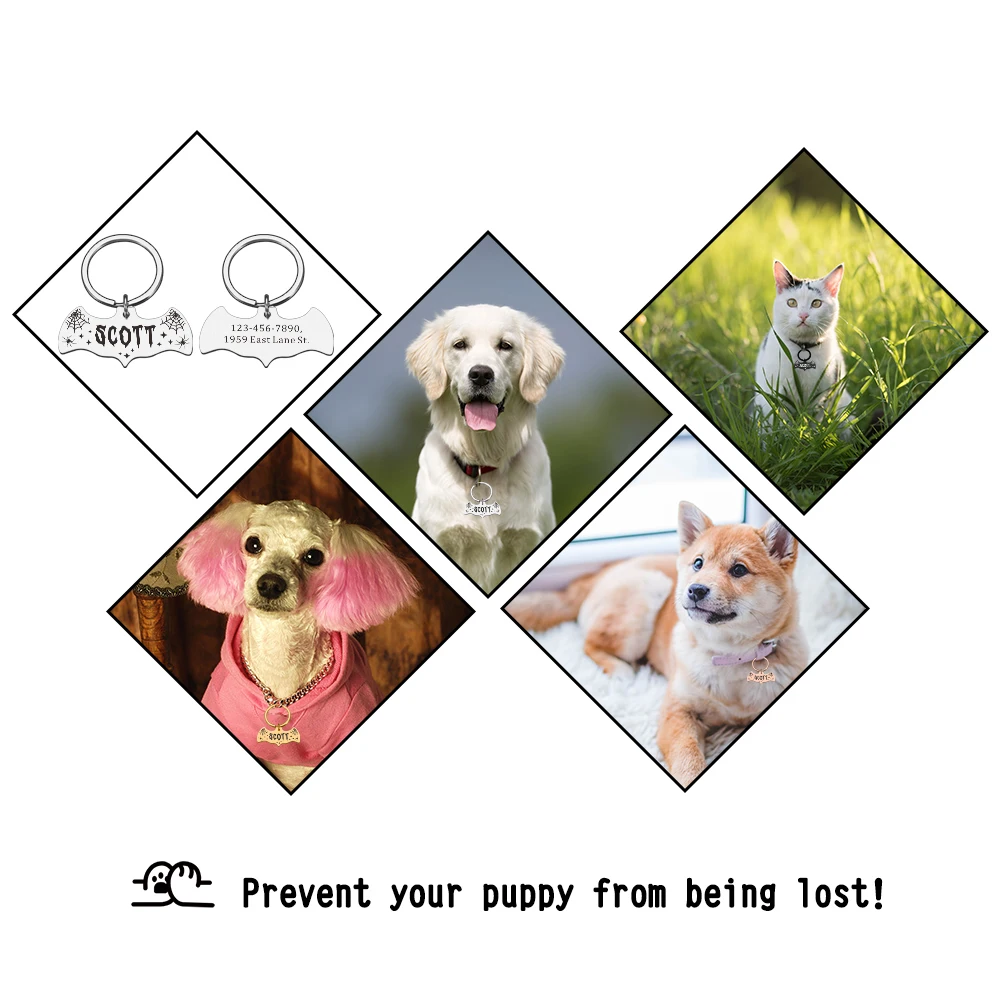 Custom Pet ID Tag Personalized Dog Cat ID Tag Halloween Bat Free Engraving Name Number Anti-lost Collar for Puppy Accessories