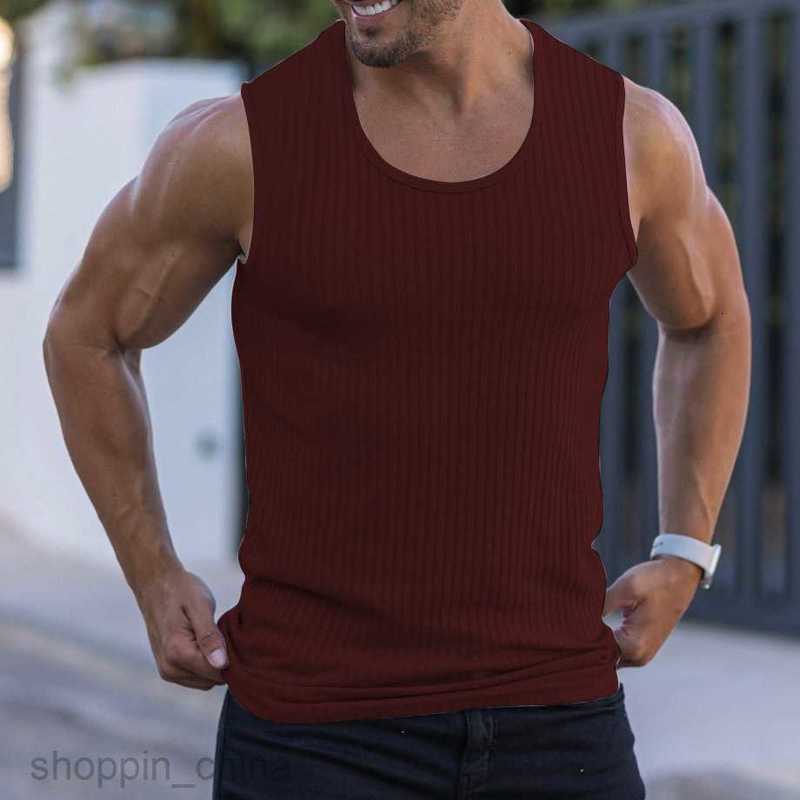 Men's T Shirts Summer Knitted Vertical Fitness Sports Leisure Slim Fit Tank Top for Male Sleeveless Wide Shoulder Tank Top for Men tees tops