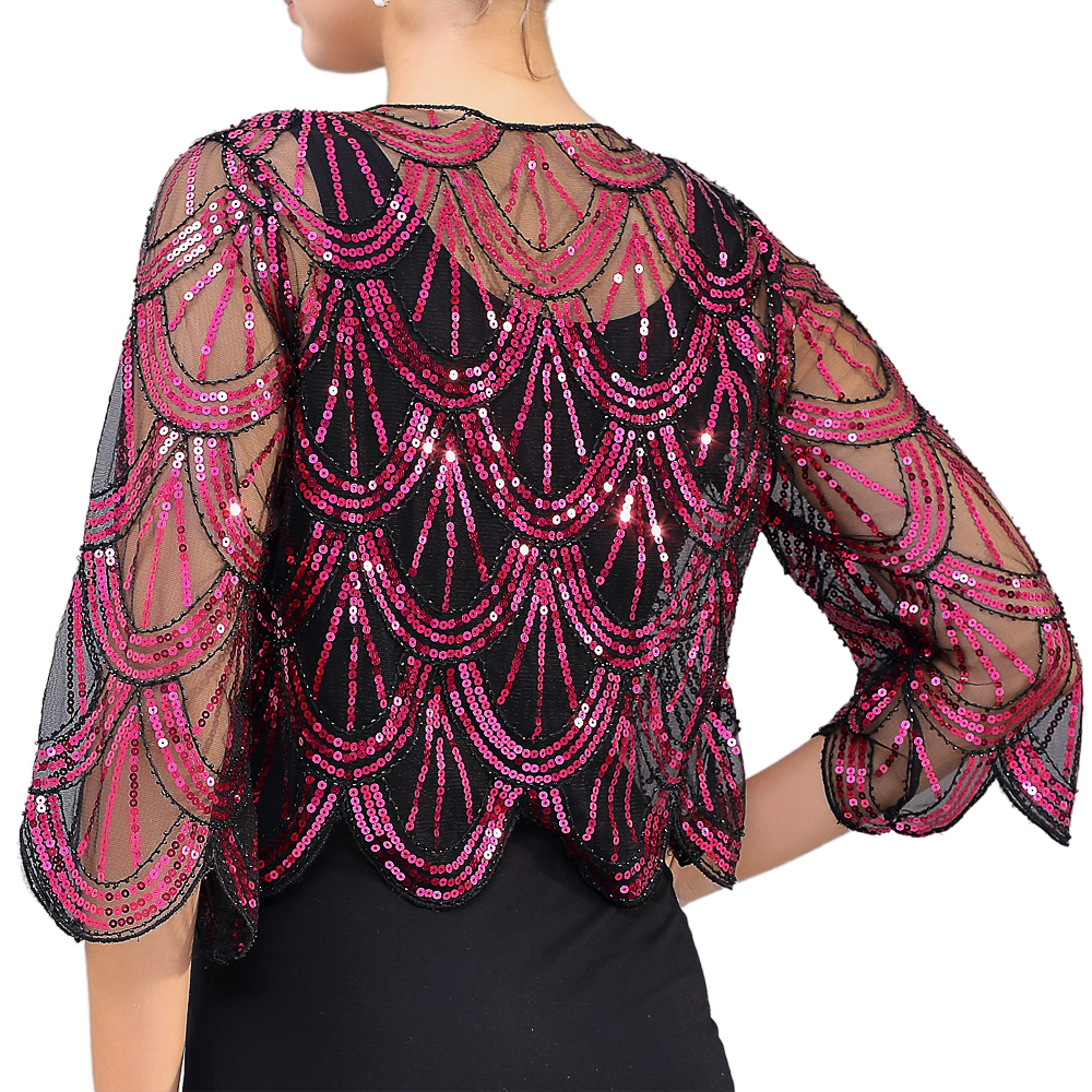 1920s Sequin Shawl Wraps Gatsby Beaded Evening Cape Bridal Bolero Shrug Vintage V-neck Midi Sleeve See-through 20s Party Shawl