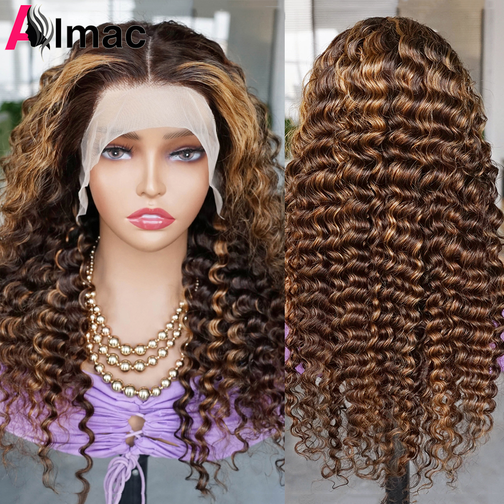 Brown And Blonde Deep Wave Human Hair Lace Frontal Wigs For Women Highlight Color 4x4 Closure Wig Indian Remy Hair Pre-Plucked