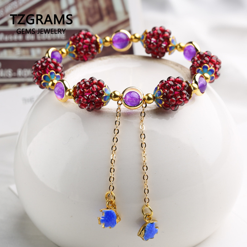 Genuine Natural Wine Red Garnet Bracelets For Women Braided Bracelet WIth Fishes Charm Birthday Gift Handmade Crystal Jewelry
