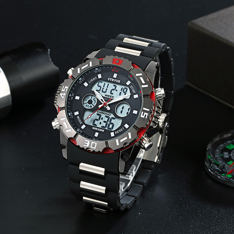 Stryve 8010 Brand Luxury Dual Display Quartz Digital Male Led Clock Military Heavy Dial Waterproof Men Sport Watch Montre Homme