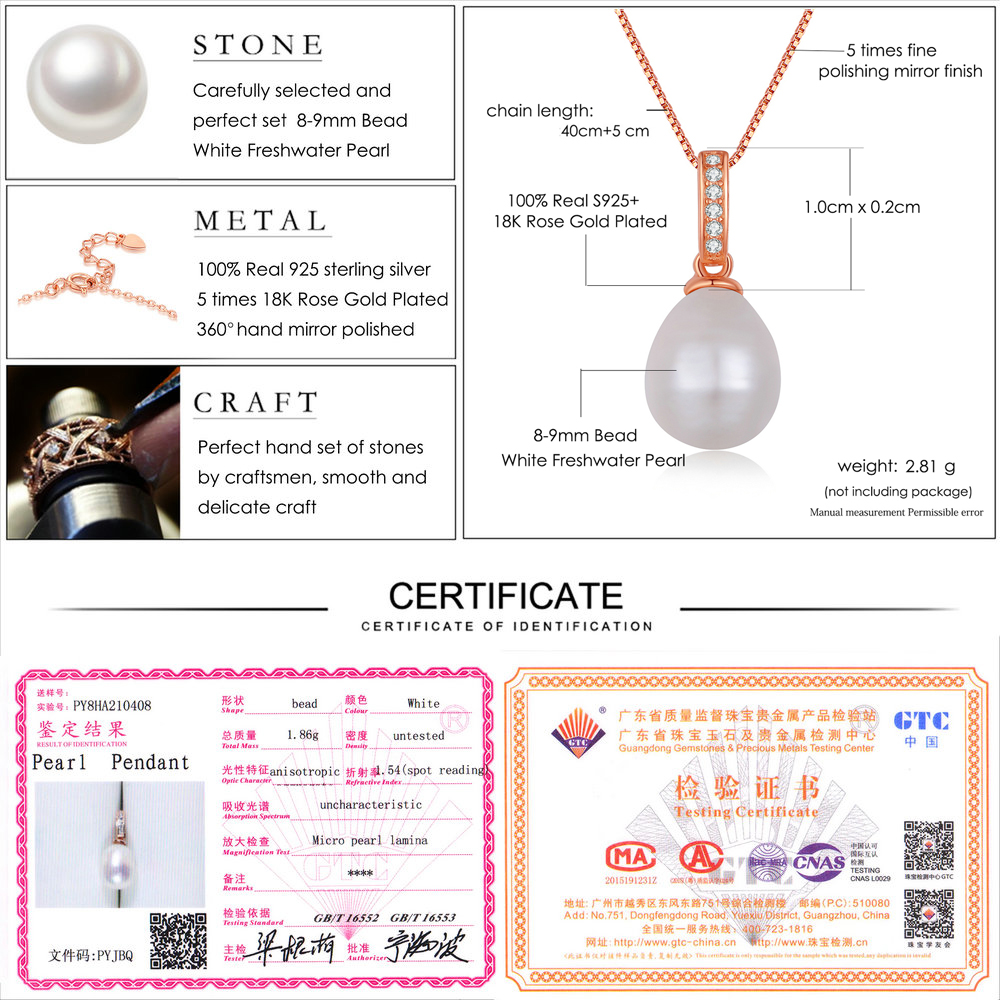 LAMOON Freshwater Pearl 925 Sterling Silver Pendant Necklace For Women 18K Rose Gold Plated Pearl Necklace Fine Jewelry LMNI047