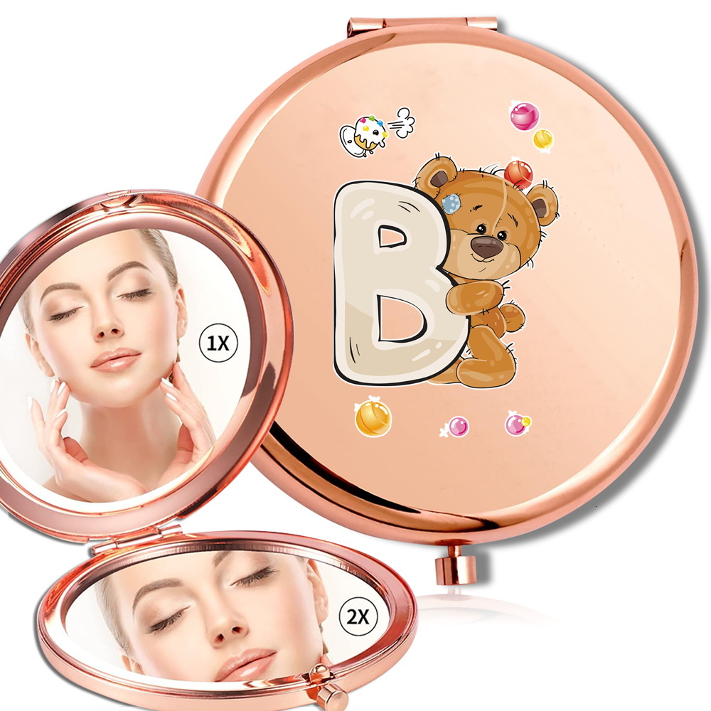 Women Cosmetic Round Handheld Makeup Puese Collapsible Look Glass Double Sided Pocket Mirror Durable Bear Letter Pattern F624-9