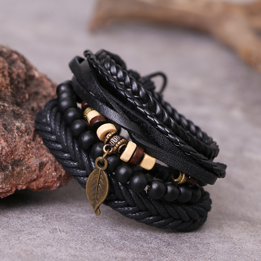 DAXI 4Pcs/set Adjustable Leather Woven Bracelets Set For Man Bronze leaves Black Beads Bracelet Vintage Gothnic Jewelry Gifts