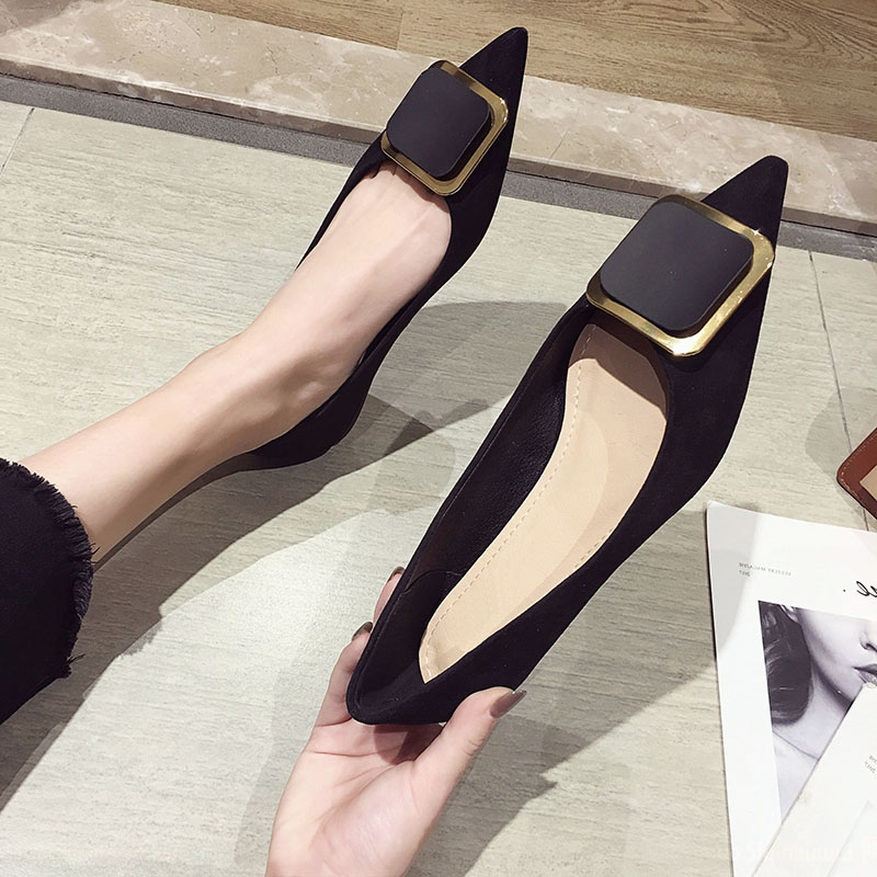 Pointed Toe Shoes Women 2021 Autumn Fall New Square Buckle All-match Shallow Mouth Soft Bottom Black Flat Shoes Scoop Shoes 46