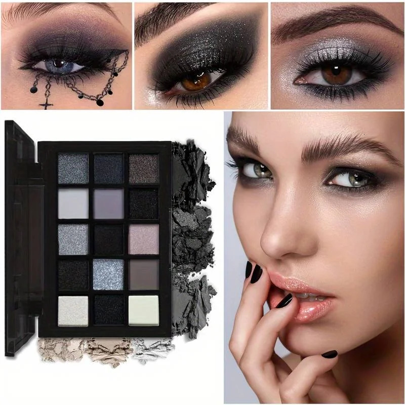 Black Smokey Eyeshadow Palette 15 Colors Punk StyleNeutral Eye Make up Shimmer Pearly Sequin Eyeshadow 240624