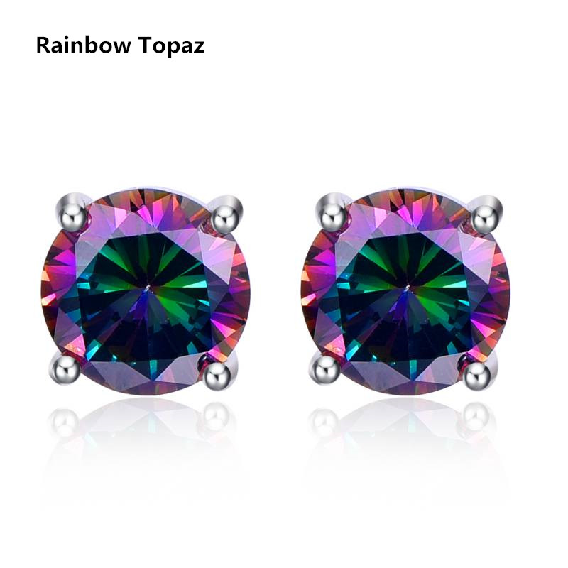Women Natural Stone Earrings 100% 925 Sterling Silver Stud Earrings Classic Style Round Amethyst Citrine Topaz Fine Jewelry