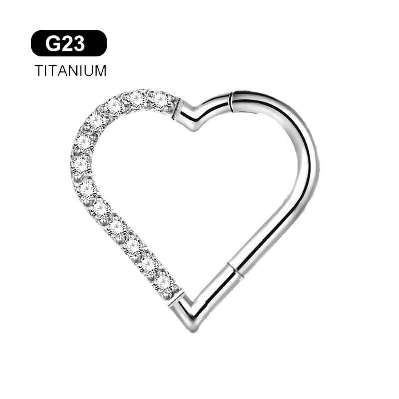 Titanium Heart Daith Earring CZ Conch Helix Septum Piercing Clicker Segment Nose Ring Helix ASTM F136 G23 Titanium/Steel 16G
